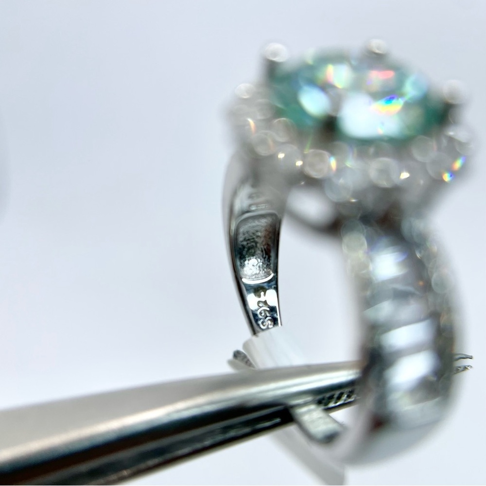 Moissanite Halo Ring Aqua Blue Center & Baguette Accents 18K White Gold Finish - Picture 16 of 16